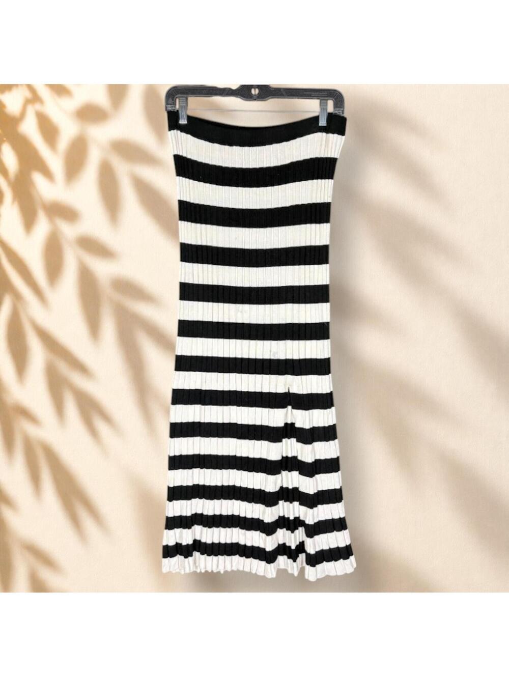 A New Day Dress Women L Large Black Striped Sheath Midi Strapless Stretch Casual